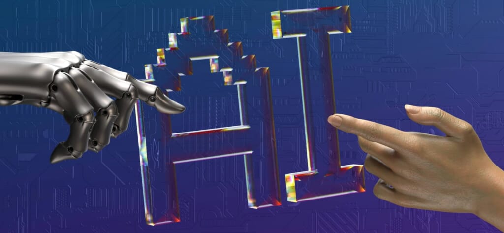 中央の『AI』の文字を、人間の手とロボットの手が左右から支えるイメージ。人間とAIが共存しながらUI/UXを設計する未来を象徴している